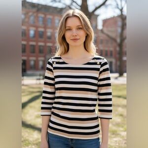 Tommy Hilfiger Striped Scoop Neck with Collar Buttons Long Sleeves Top